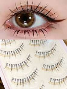 5 Pairs Airy Manga Little Devil False Eyelashes, Natural Air‑Light Clear Thin Band Strip Lashes, Soft Comfortable Reusable Handmade Eye Lashes For Daily Eye Makeup - Black - View 1
