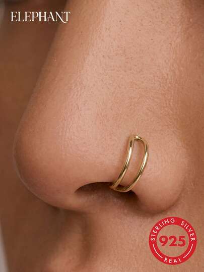 1pc S925 Sterling Silver Mini Smooth Double Layer Nose Ring, 14K Gold Plated Sterling Silver Nose Ring, Unisex Minimalist Piercing Jewelry, Nose/Ear Universal Accessory, Minimalist Versatile, Personalized, Suitable For Men And Women