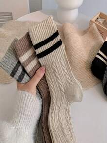 5 Pairs Random Color Autumn/Winter Women's Mid-Calf Thick Warm Socks, Ins Japanese School Style Retro Cable Knit Striped Versatile Slouch Socks - Multicolor - View 2
