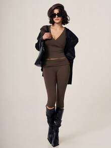 TimeOff Women's One Set Solid Color Cross V-Neck Long Sleeve V-Fold High Waist Mid-Length Pants Set - Brown - View 8