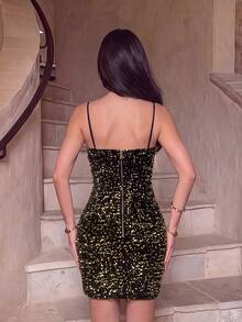 ADYCE Elegant Sparkling Spaghetti Strap High Waist Fitted Short Party Dress, Suitable For Prom, Evening Party, Date, Homecoming, Wedding Guest, Reception And Date Night - Black - View 2