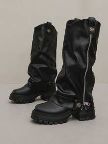Women Knee High Boots, Zip Closure, Buckle Strap, Chunky Sole - Black - View 7