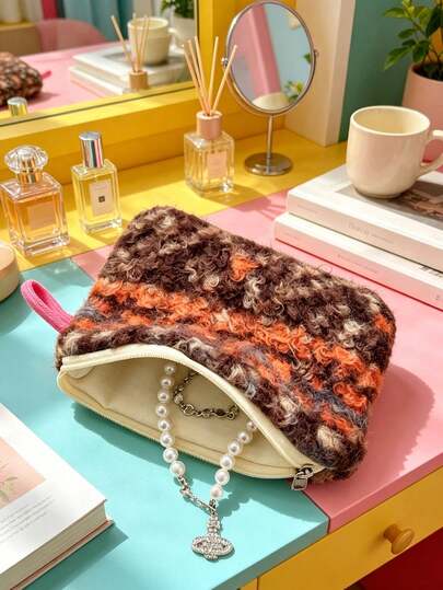 5/1pc Vintage Plush Small Makeup Bags, Soft Fuzzy Zipper Pouch, Portable Mini Storage Bag For ID Cards, Keys, Coins, Lipstick & Daily Sundries, Compact Travel Organizer Pouch, Stylish Outdoor Carry‑On Small Purse For Women