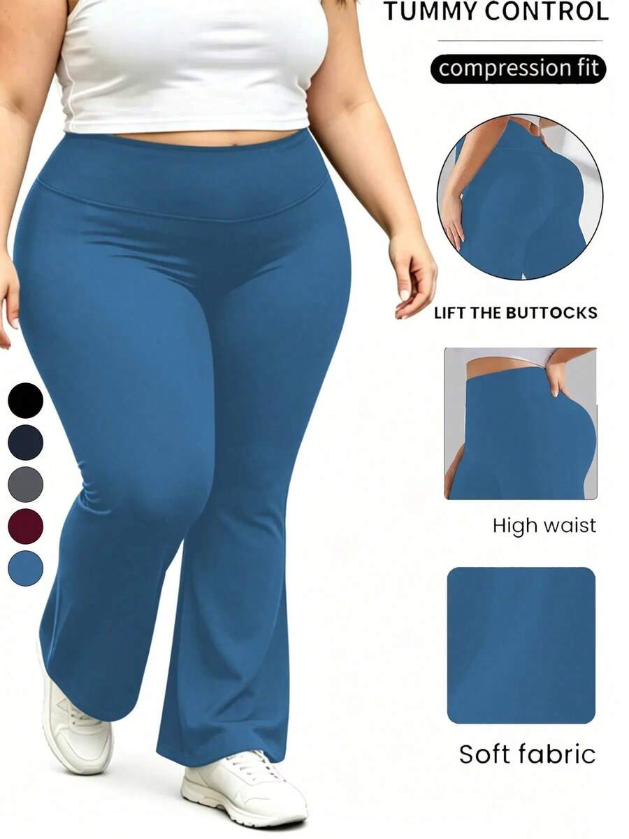 Pantalones acampanados de talla grande, cintura alta con cintura elástica, tejido suave y transpirable, ropa casual para todas las estaciones, disponibles en varios colores - Azul - Ver 1