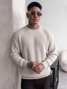 Men's Autumn/Winter Basic Solid Color Casual Fitted Lightweight Sheer Polyester Pique Texture Niche Design Long Sleeve Drop Shoulder Crew Neck Pullover Sweater - Beige - View 4