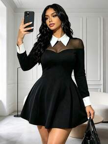 RNU Women's Plus Size Elegant Black Long Sleeve Dress, Sheer Mesh Patchwork Knit High Elastic, For Party, Night Date & Gathering, Fashion Versatile - Black - View 1