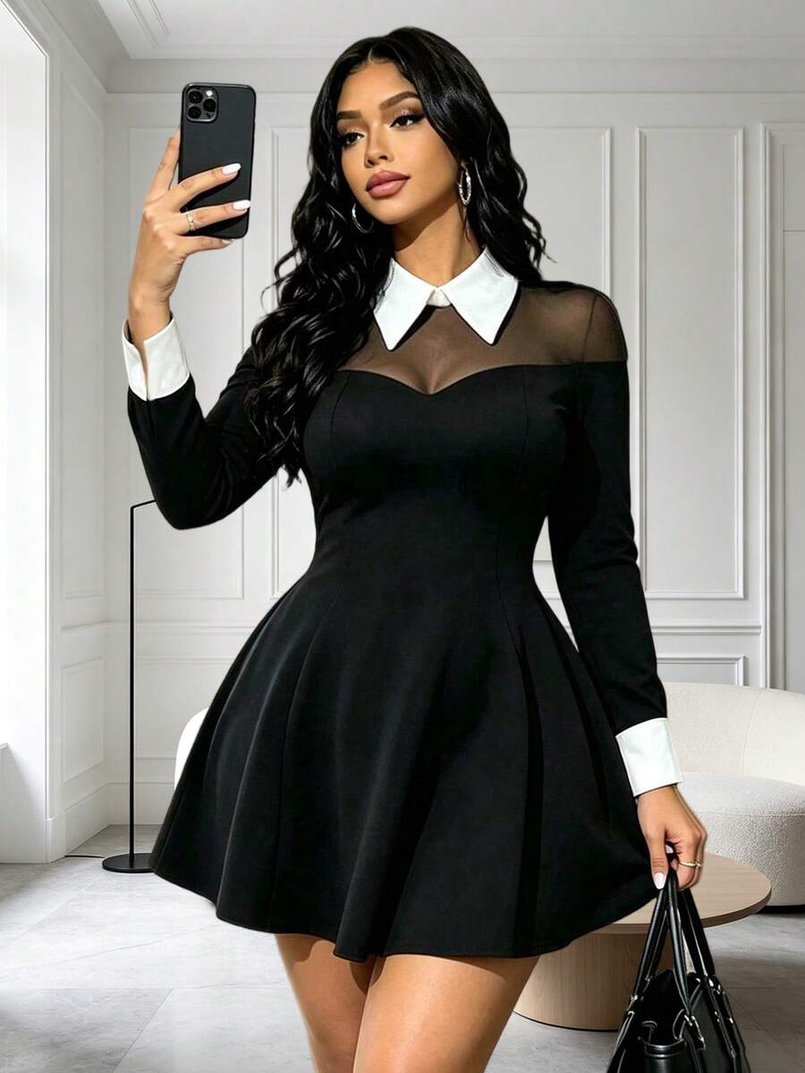 RNU Women's Plus Size Elegant Black Long Sleeve Dress, Sheer Mesh Patchwork Knit High Elastic, For Party, Night Date & Gathering, Fashion Versatile - Black - View 1