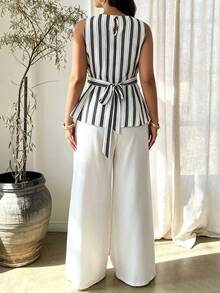 Women's Plus Size Spring/Summer 2-Piece Striped Colorblock Cinched Waist Casual Home & Outdoor Set - Multicolor - View 5