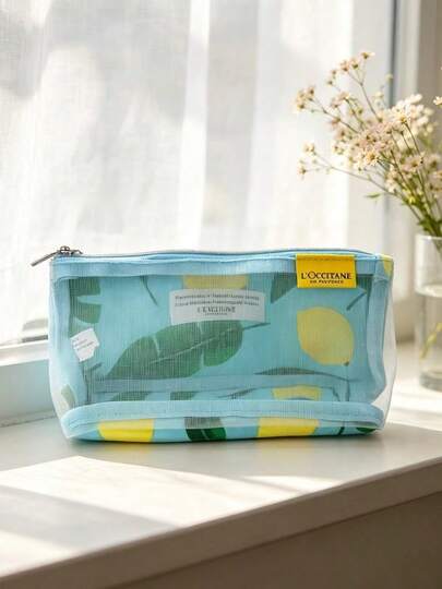 L'Occitane Light Blue Mesh Zipper Makeup Bag Lemon Leaf Print Transparent Mesh Cosmetic Pouch Portable Travel Toiletry Organizer Luxury Beauty Gift For Women LOCCITANE‑GIFT‑22