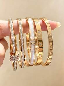 5/1pc Gold Hinge Bracelet, Rhinestone Shell Floral Roman Numeral Details, Suitable For Daily Layering - Gold - View 19