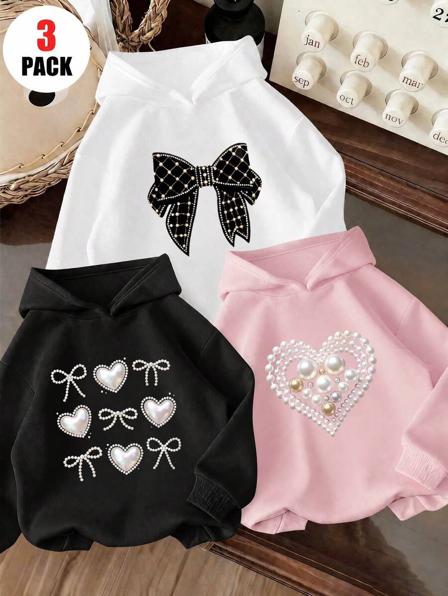 3pcs/Set Tween Girls Smiling Daisy DAISY GIRL Hooded Sweatshirt, Black White Pink Macaron Floral Loose Casual Sweatshirt Set For Boys And Girls, Spring Autumn - Pink - View 1
