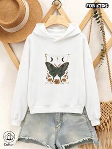 Girls Butterfly Print Hooded Sweatshirt With Moon Star Leaf Chest Design, Cotton Pullover - White - View 10