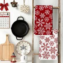 2pcs Christmas Snowflake Kitchen Dish Cloths, Red & White Snowflake Pattern Dish Towels, Holiday Winter Home Decor Kitchen Hand Towels - Red and White - View 6