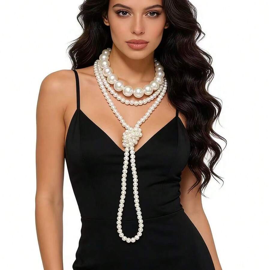 1 pieza Collar de perlas falsas estilo coreano elegante de múltiples formas de uso, largo de varias capas con nudos, para suéter, vestido y cheongsam, joyería de moda versátil para mujeres - Collar largo de perlas - Ver 1