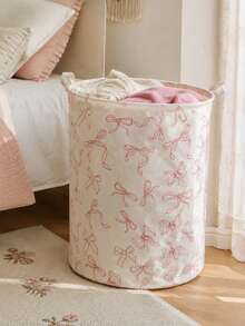Large Bow Pattern Foldable Round Storage Basket, Multi-Functional Storage Bin, Suitable For Bathroom, Room, Laundry Basket, Dirty Clothes Basket, Room Clutter Large Capacity Storage Bin, Clothing Storage, Clutter Storage, Multi-Functional Storage - Multicolor - View 2