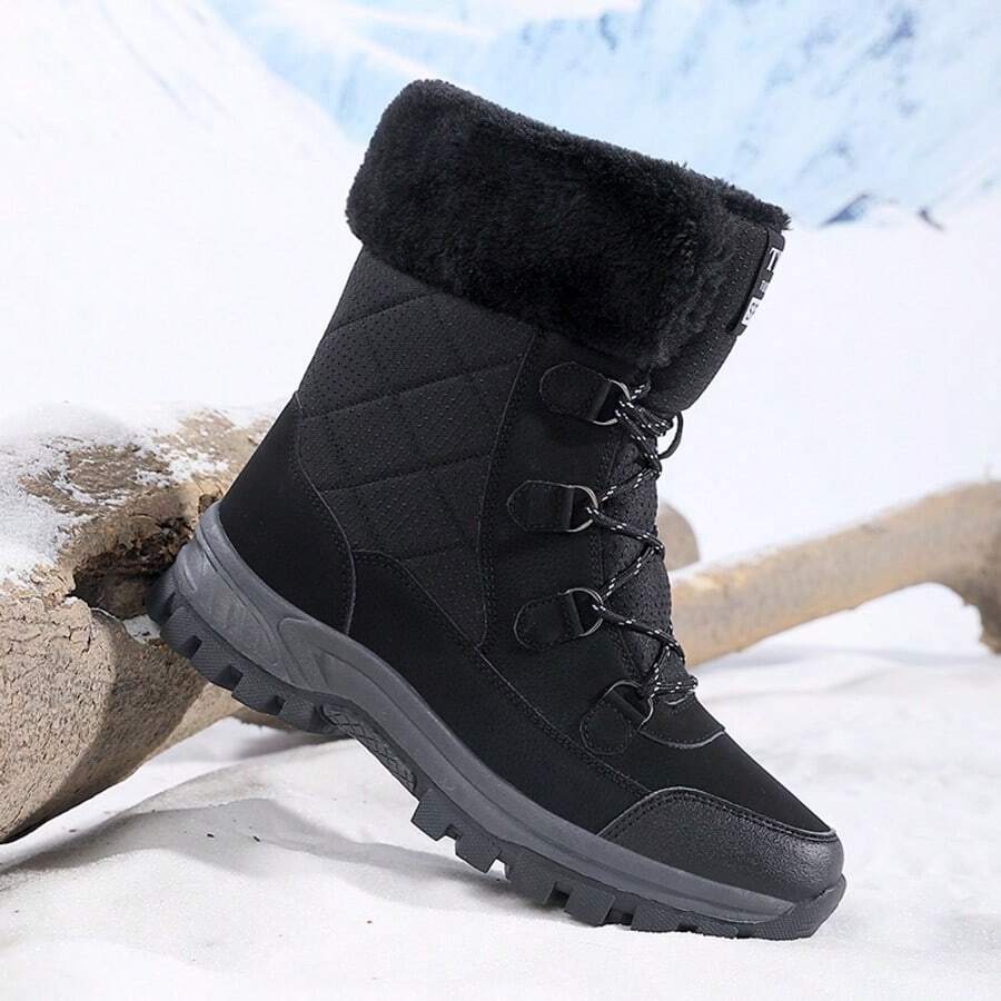 Men's Wear-Resistant Thickened Warm Outdoor Snow Boots, Comfortable Solid Color High-Top Hiking & Mountaineering Boots - Black - View 1