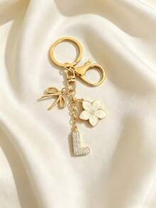 1pc Bowknot Flower Letter Keychain, Rhinestone Studded English Letter Pendant, Sweet Style Metal Bowknot White Flower Rhinestone Letter Keychain, Personalized DIY Letter Bag Charm, Car Key Chain For Girls - Flower Letters - View 13