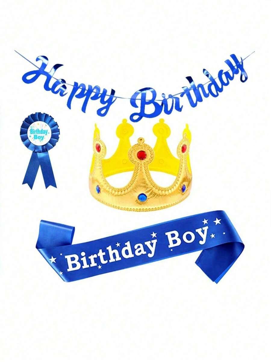 1 Set Birthday Boy Crown Hat, Sash & Badge Kit - Creative Foldable Kids Birthday Party Photo Props Decorations - Multicolor - View 1