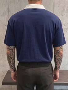 Men's Contrast Color White Collar Short Sleeve Polo Shirt, Loose Vintage Style Casual Top - Navy Blue - View 3