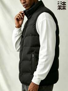 mulinsen Men's Minimalist Stand Collar Vest, Multi-Functional Sleeveless Tank Top With Zipper Pocket Design, Layerable For Winter Daily Wear - Black - View 2