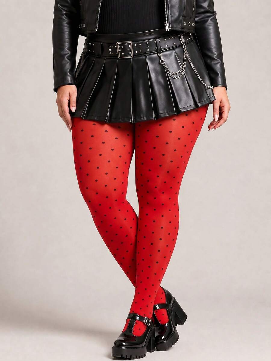 1PC Women's Plus Size Red Polka Dot Tights, Black Dot Pattern Pantyhose, Curve Fit Retro Fashion Stockings - Red - View 1