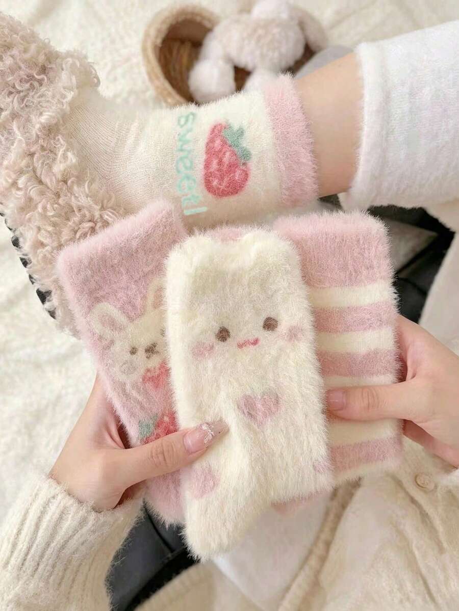 4 Pairs Autumn/Winter Cute College Girl Strawberry Mink Fur Socks, Sweet Warm Fuzzy Soft Sleeping Floor Socks - Multicolor - View 1