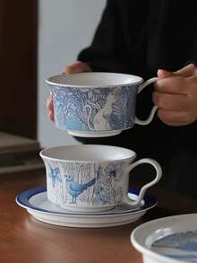 1 Set Chinese Blue And White Ceramic Coffee Cup And Saucer, Premium Ceramic Dinnerware, Breakfast Cup, Dessert Plate, Pasta Plate, Suitable For Home, Restaurant, Cafe, Gift, Party, Office - Blue - View 9