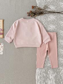 2Pcs/Set Baby Girl Cute Rabbit Applique Embroidery Round Neck Long Sleeve Top & Fine Plaid Long Pants Casual Outfit - Pink - View 6