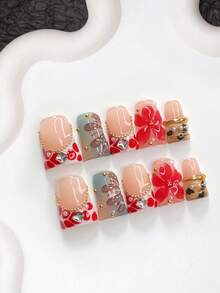 10pcs Exquisite Handmade Press-On Nails, Polygel Nail Art Set, Handmade Floral, Chain, Leopard Print, Red-Brown Nail Polish, Mature Style, Includes Nail Tools, 3 Sizes Available, Almond, Duck, Coffin Shape, Suitable For Party, Dancing, Daily Wear - Multicolor - View 14