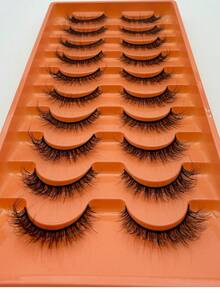10 Pairs Natural Long Strip False Eyelashes, 3D Hand‑Crafted Cross Lashes With Soft Black Band, Reusable Light‑Weight Soft Curly Eyelashes For Daily Commute, Office & Party Makeup - View 3