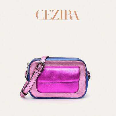 CEZIRA Women's Metal PU Leather Square Camera Bag, Multi-Color Patchwork, Magnetic Flap, With Pocket, Adjustable Shoulder Strap, Crossbody One Shoulder Handbag, Daily Use