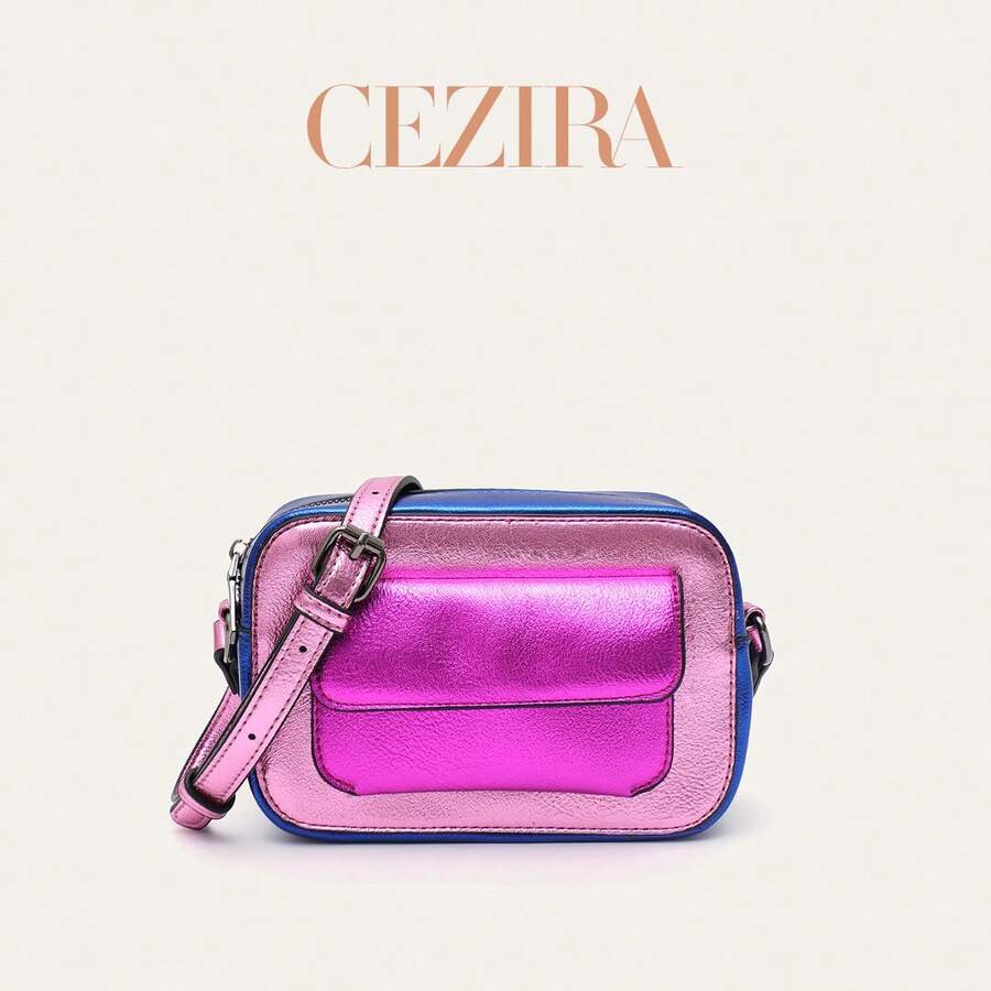 CEZIRA Women's Metal PU Leather Square Camera Bag, Multi-Color Patchwork, Magnetic Flap, With Pocket, Adjustable Shoulder Strap, Crossbody Shoulder Handbag, Daily Use - Multicolor - View 1