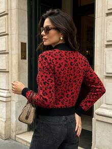 Women's Contrast Leopard Print Mock Neck Zip Long Sleeve Fall/Winter Fashion Versatile Knit Cardigan – Retro Street Sweater Coat - Red - View 8