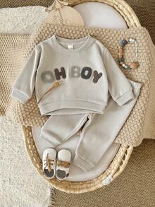 2Pcs/Set Baby Spring/Autumn 2 Pieces Set, Boy Baby Towel Embroidered Letter Crew Neck Sweatshirt Casual Cuffed Long Pants, Children's Outfit - Light Grey - View 12