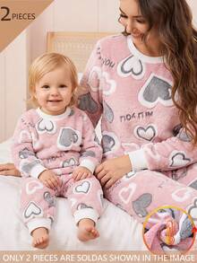 Infant Girls Pink & White Heart Print White Ribbed Cuffed Comfortable Long Pants & Long Sleeve 2 Pieces Set Autumn/Winter Loungewear - Multicolor - View 3
