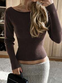 Dila Polly Women's Autumn/Winter Solid Color Slim Fit Versatile Daily Long Sleeve Sweater, Chocolate Brown Off-Shoulder Knit Base Layer - Brown - View 1