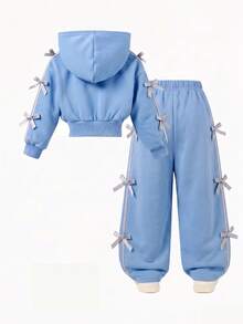 Girls' Autumn/Winter Fashion Set, Short Sweatshirt Hoodie Sweatshirt With Bow Decor And Loose Wide-Leg Pants - Blue - View 3