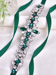 1pc Elegant Green Rhinestone Wedding Belt, Summer Waist Sash, Luxury Decorative Accessory For Wedding Guests Bridesmaids - Dark Green - View 2