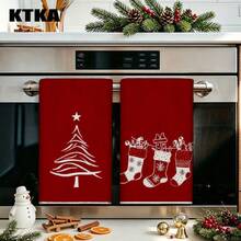 2pcs Christmas Kitchen Dish Towels, Christmas Tree & Stocking Silhouette Print Napkins, Holiday Winter Home Decor Kitchen Hand Towels - Red - View 2
