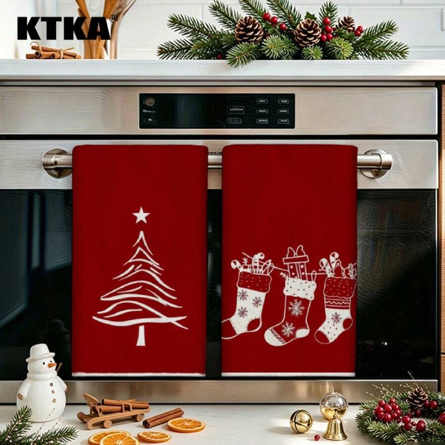 2pcs Christmas Kitchen Dish Towels, Christmas Tree & Stocking Silhouette Print Napkins, Holiday Winter Home Decor Kitchen Hand Towels