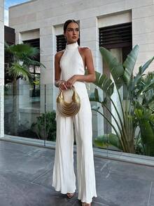 Women's Solid Color Minimalist Sexy Y2K Millennium Style Sweet & Spicy Ruched Elastic Halter Top And Elastic Waist Straight Leg Pants - White - View 1