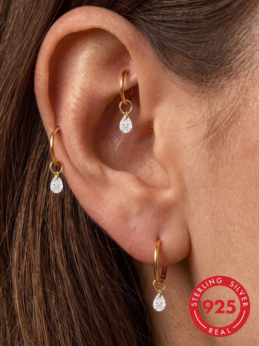 1Pc 925 Sterling Silver Gold Tone Teardrop Zirconia Dangle Charm Detachable Pendant For Hoop Earrings Hypoallergenic Perfect For Layering Daily Wear - Gold - View 1