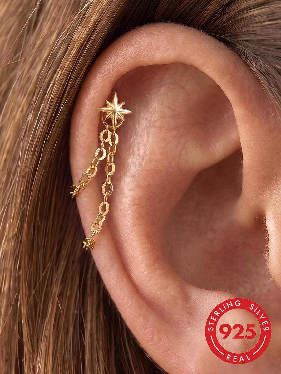 1Pc 925 Sterling Silver Gold‑Tone Double Layer Chain Dangle Charm Detachable Link Pendant For Hoop Earrings Perfect For Daily Wear Party Gift Giving - Gold - View 1
