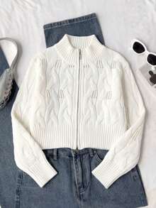 Tween Girl Girls' Double Zipper European Style Solid Color Cable Knit Hollow Out Short Cardigan Long Sleeve Suitable For Daily Casual Spring Autumn Winter - Apricot - View 4