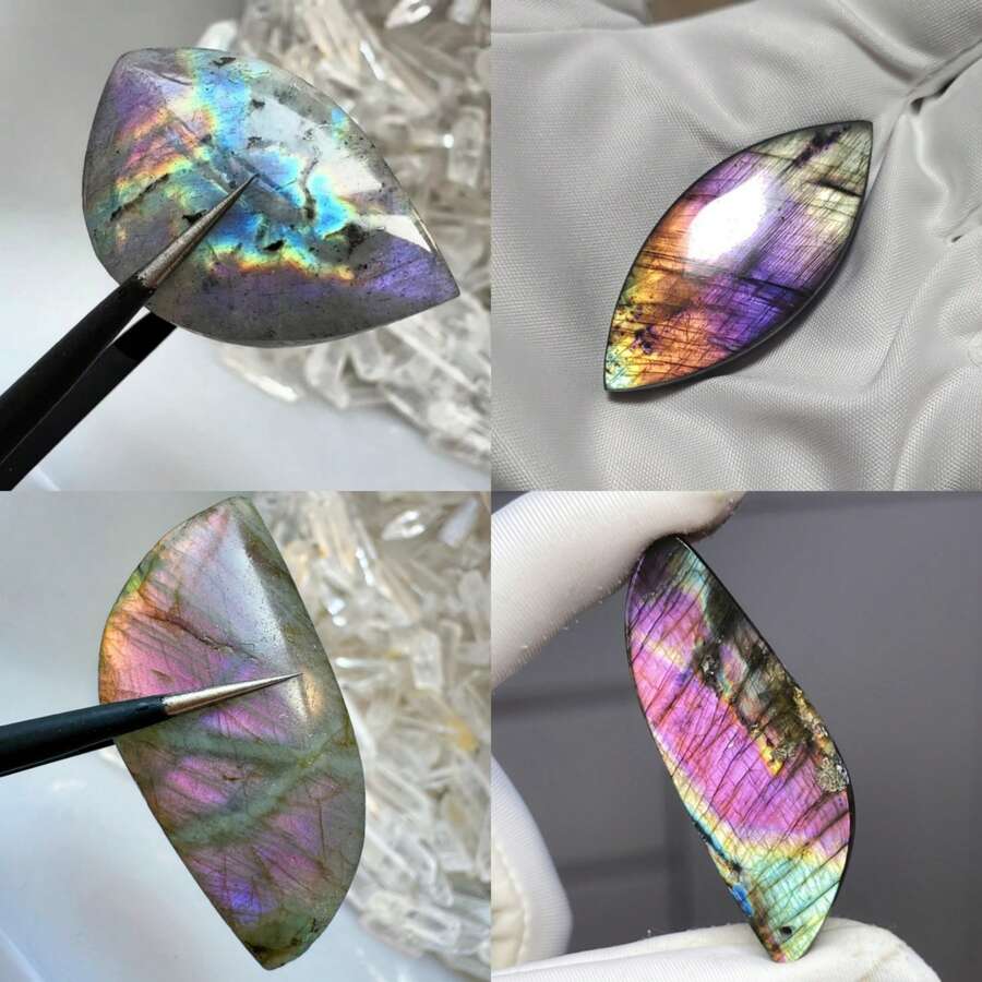 1pc Purple & Pink Glitter Labradorite Pendant, Jewelry, Decor, Natural Polished Labradorite Palm Stone, Desktop Decoration, Home Decor, Holiday Gift