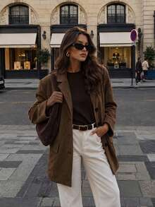Women's Autumn Elegant Casual Brown Single-Breasted Long Sleeve Blazer, Suitable For Vacation, Office, Outing - Brown - View 2