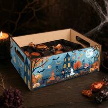 Vintage Night Scene Halloween Wooden Storage Box, Deep Blue Ghost House Witch Ghost Pumpkin Bat Storage Box - View 4