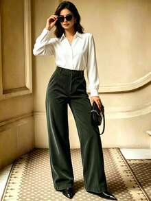 Women's Autumn/Winter Fashion High Waist Solid Color Straight Leg Pants - Army Green - View 3