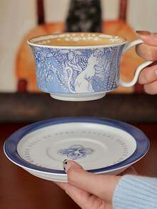 1 Set Chinese Blue And White Ceramic Coffee Cup And Saucer, Premium Ceramic Dinnerware, Breakfast Cup, Dessert Plate, Pasta Plate, Suitable For Home, Restaurant, Cafe, Gift, Party, Office - Blue - View 3
