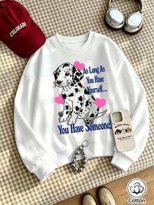 White Pullover Hoodie Women Casual Crew Neck Long Sleeve Loose Fit Cartoon Dalmatian Print Pink - White - View 1